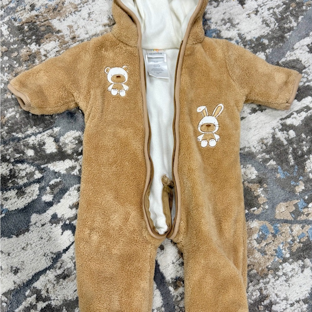 Absorba Cozy Tan Kids One Piece with Bear and Bunny Design - Like New 0-3M